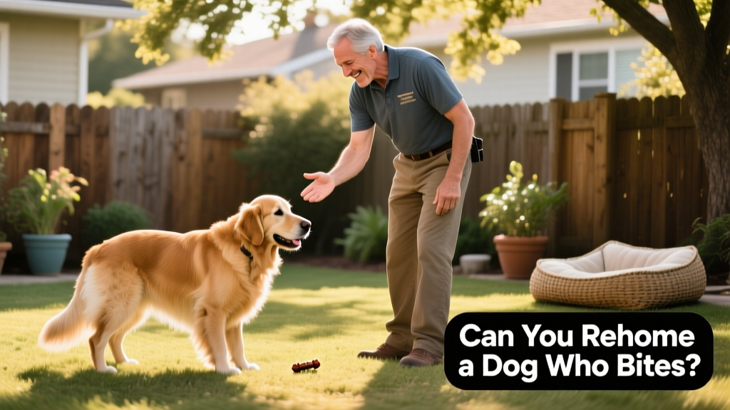 A trainer calmly guiding a dog through a ‘leave-it’ exercise with treats and positive reinforcement, demonstrating trust-building around valued items