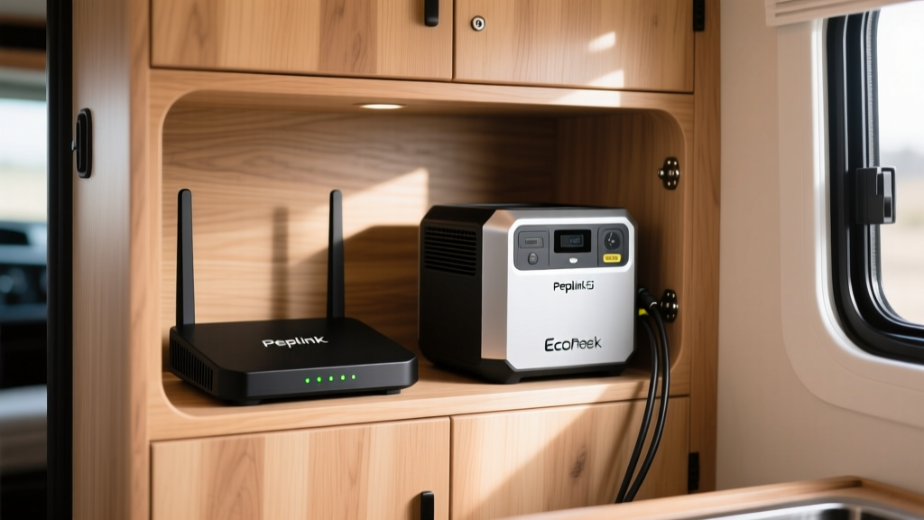 Close-up of a Peplink 5G router and EcoFlow portable power station neatly mounted in a custom wooden RV cabinet compartment.