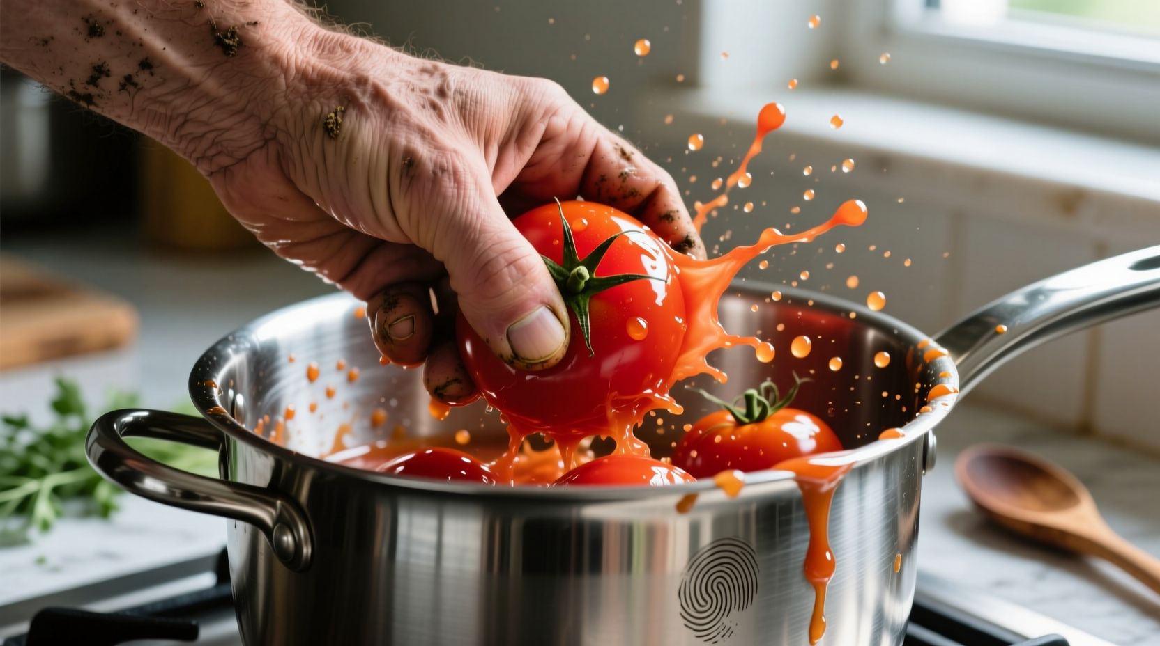 Hand-crushing tomatoes in stainless steel pot