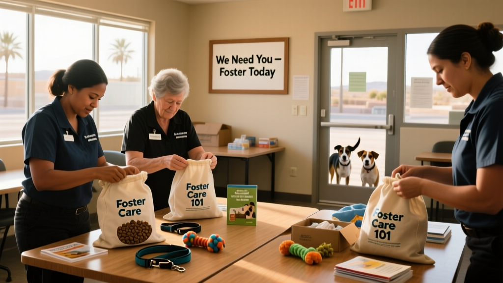Shelter staff preparing care kits with food, leashes, and educational materials for new foster families