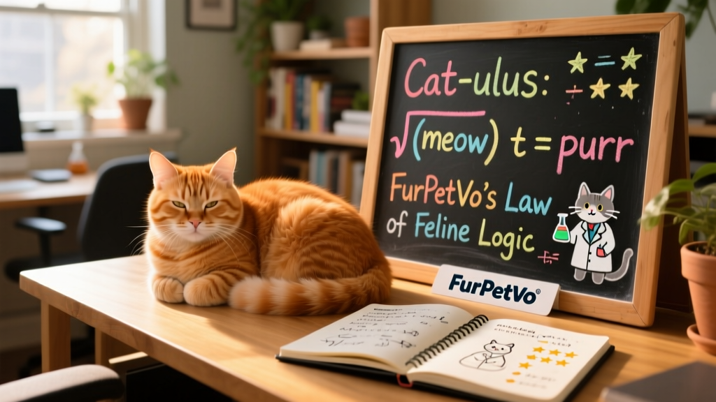 A fluffy orange cat curled up next to a chalkboard covered in friendly-looking equations and a FurPetVo-branded lab notebook