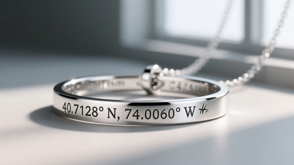 Macro shot of a platinum coordinate necklace with deeply laser-engraved latitude and longitude numbers on a brushed finish bar.