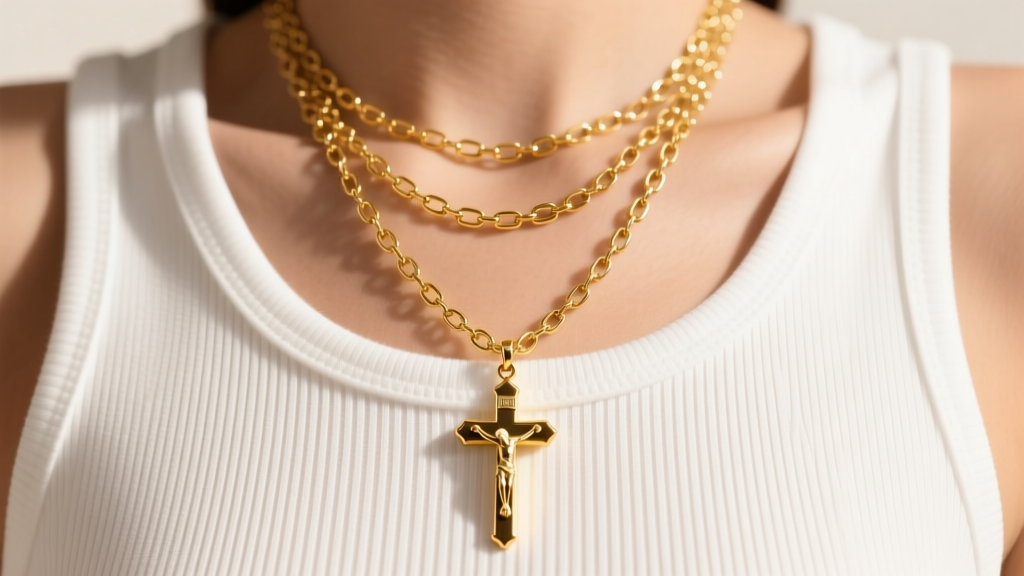 14k yellow gold physical rosary chain with small crucifix pendant layered over a white ribbed tank top, bright studio lighting.