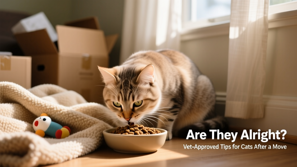 Close-up of a cat gently sniffing a bowl of familiar dry food placed beside a cozy blanket in a quiet corner
