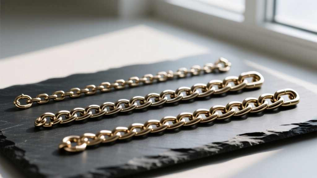 Flat lay of three chain links: a 4mm Franco, 6mm Figaro, and 10mm Cuban, neatly arranged on a dark slate surface for a style guide