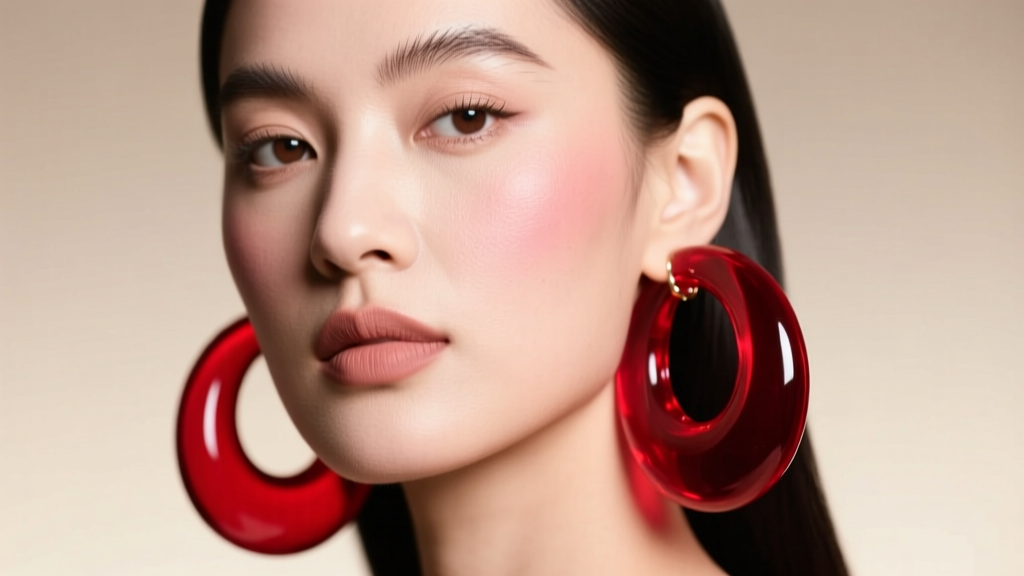 Portrait of a woman wearing oversized glossy cherry-red acetate hoop earrings, soft studio lighting highlighting the vibrant hue.