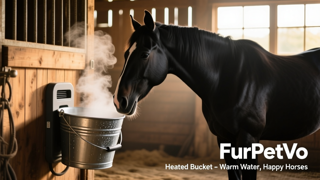 A FurPetVo heated bucket installed in a barn stall, with steam gently rising from warm water inside