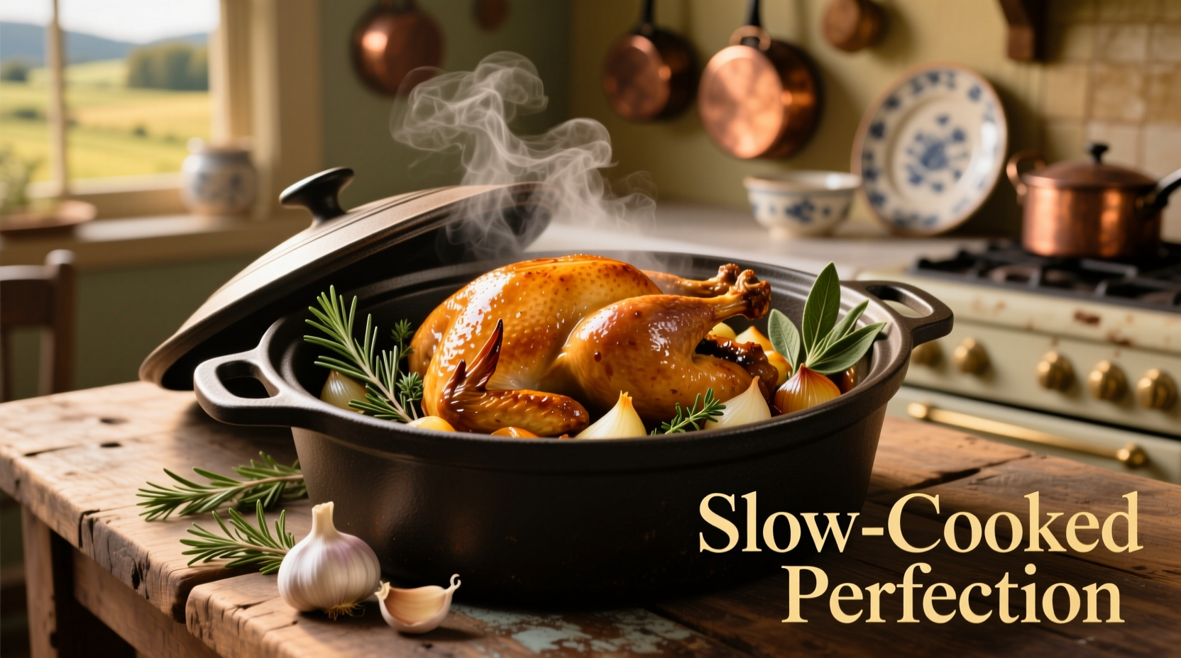 Slow cooker with golden turkey breast and herbs