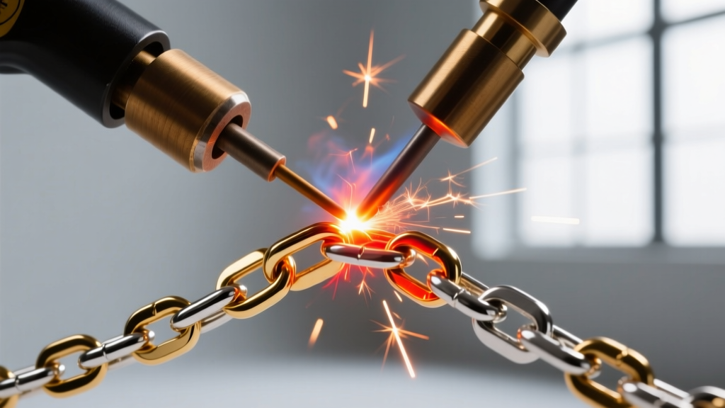Close-up of a pulse arc welder fusing a delicate 14k gold and sterling silver mixed-metal chain on a client's wrist in a studio.
