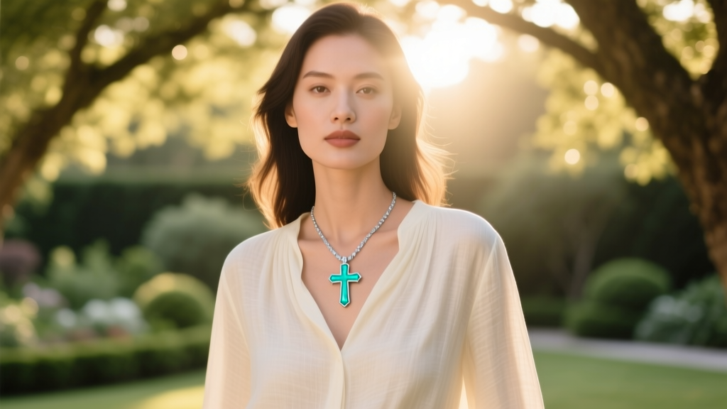 Woman wearing a turquoise and silver cross pendant layered with a plain chain over a cream linen blouse in warm natural sunlight
