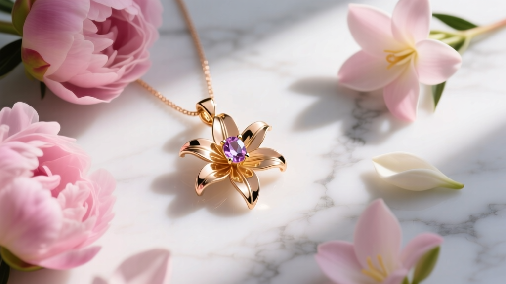 Flat lay of a 14k rose gold lily pendant with a 6mm morganite gem surrounded by fresh pink petals on a white marble surface
