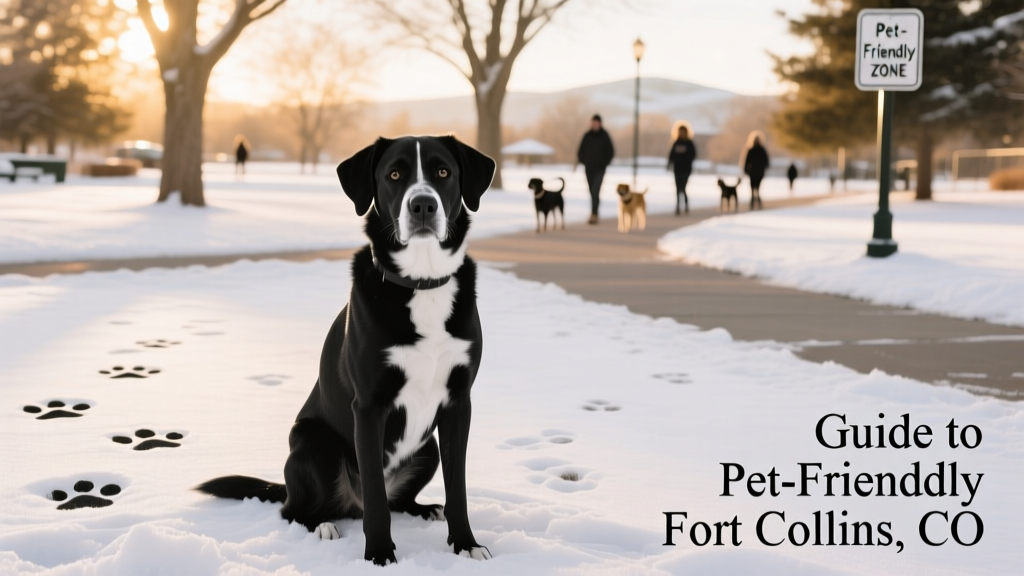 a black and white dog sitting in a snowy dog-friendly park in Fort Collins