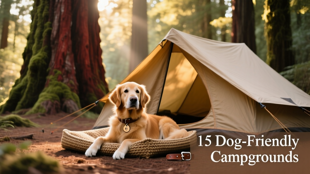A serene campsite nestled among towering redwood trees with a dog resting near a tent