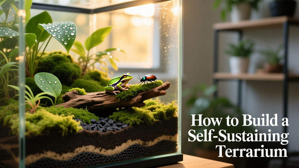 A lush, thriving bioactive terrarium with live plants, moss, wood, and visible substrate layers
