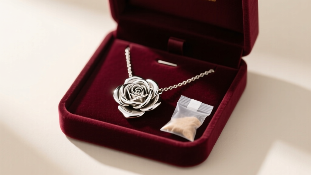 Polished silver rose necklace in a velvet box with an anti-tarnish strip and silica gel, lit by soft warm directional lighting.