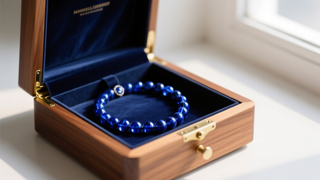 Open velvet roll revealing a coiled sapphire blue beads necklace, stored inside a cedar-lined drawer away from direct sunlight.