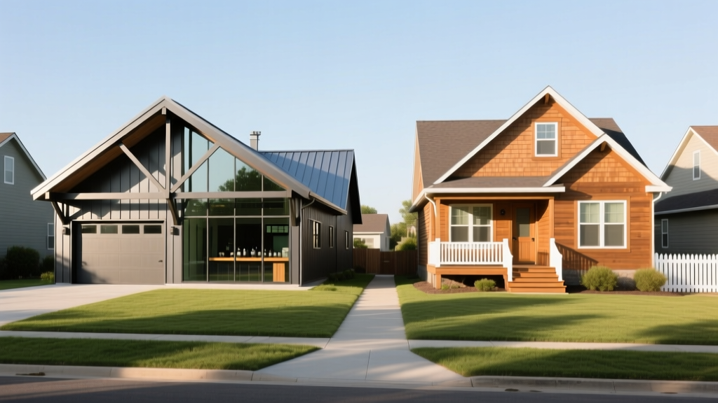 Architectural render comparing a modern steel-framed barndominium and a traditional wood-framed suburban house on adjacent building lots
