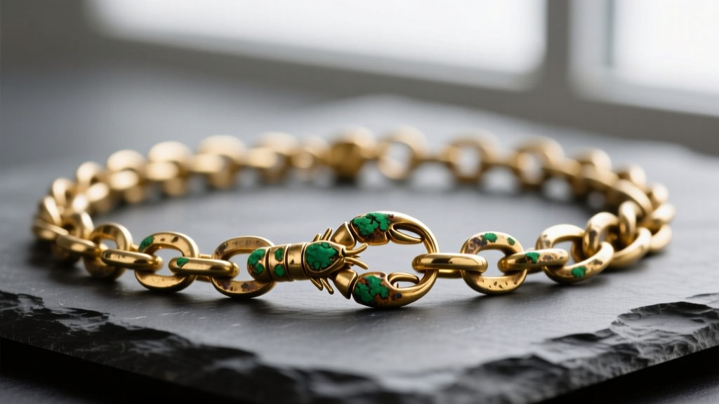 Close-up of a tarnished 18k gold plated brass chain necklace on dark slate, showing green oxidation near the lobster clasp.