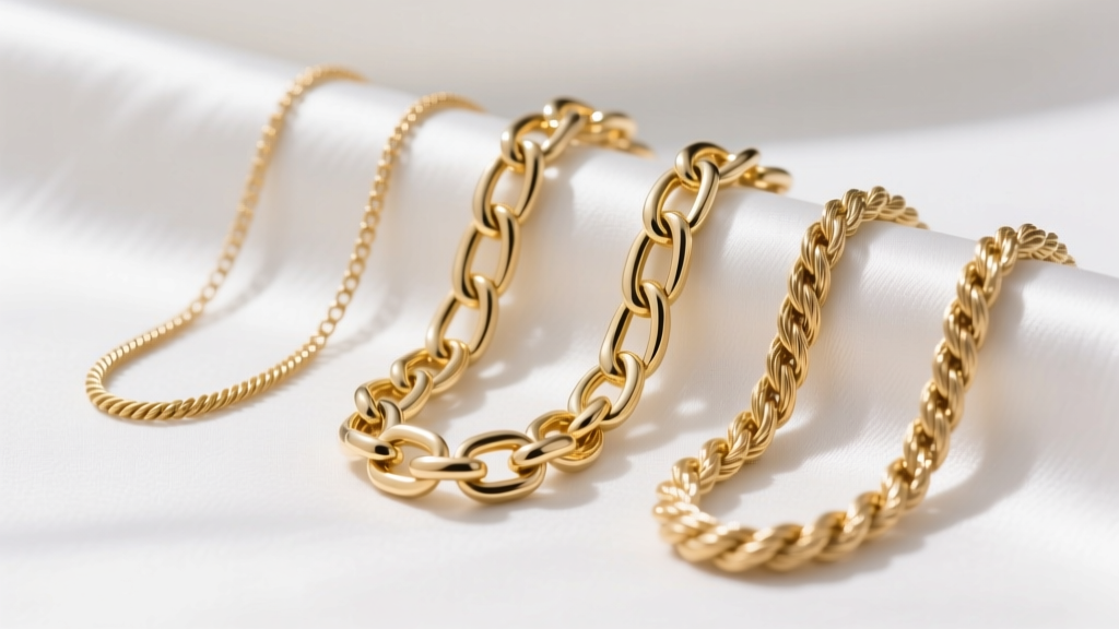 Macro photography comparing three gold chain styles: a 1mm cable chain, a 1.5mm box chain, and a 2mm rope chain on white silk.