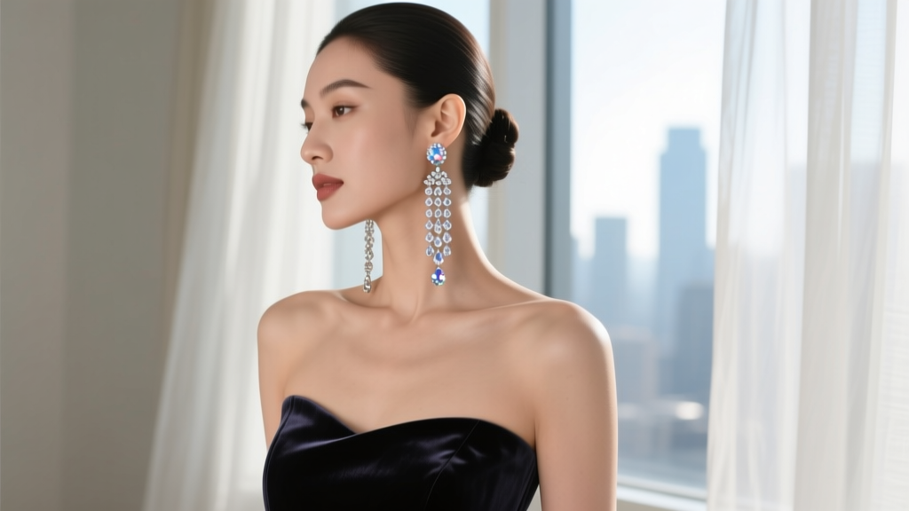 Woman in strapless gown showcasing extra long rhinestone chandelier earrings framing her jawline in soft natural window light.
