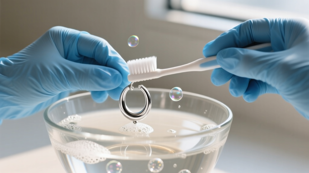 Hands in blue nitrile gloves using a soft toothbrush to gently scrub a silver hoop earring in a glass bowl of warm soapy water.
