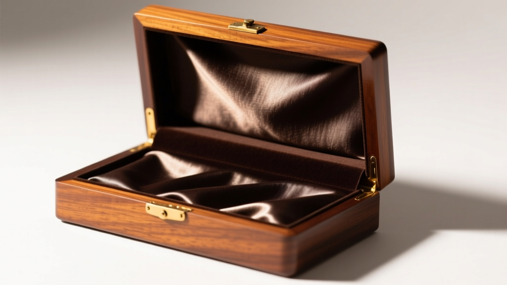 Close-up of an open mahogany jewelry box lined with dark brown Pacific Silvercloth, softly illuminated by warm overhead lighting.