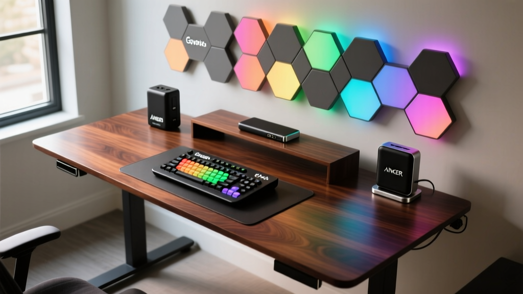Overhead view of a dark walnut standing desk featuring an Elgato Stream Deck Plus, Anker Prime power bank, and glowing Govee Hexa Pro wall panels