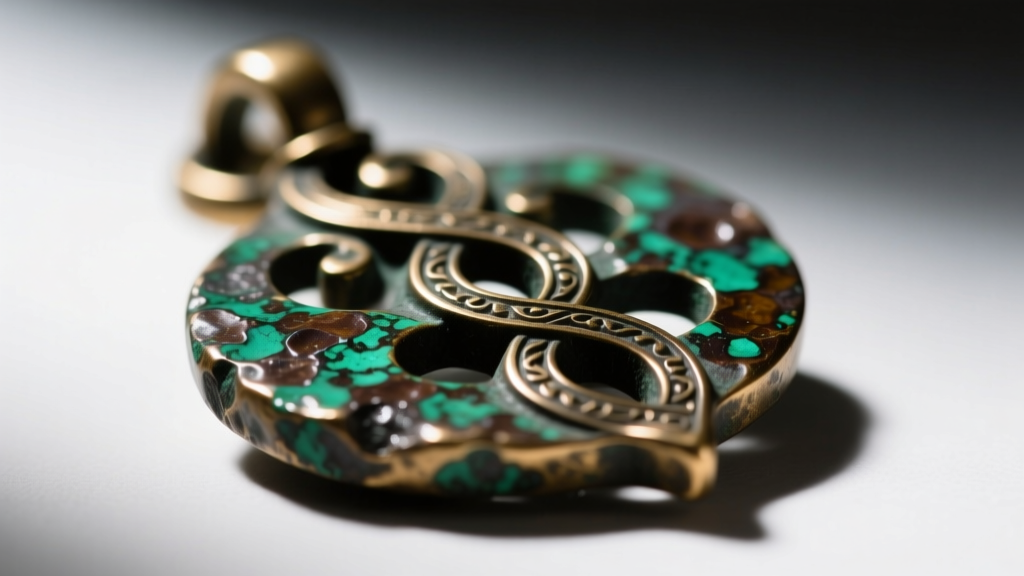 Macro shot of a cast brass talisman replica showing intricate green and brown chemical patina mottling on the dark metal surface