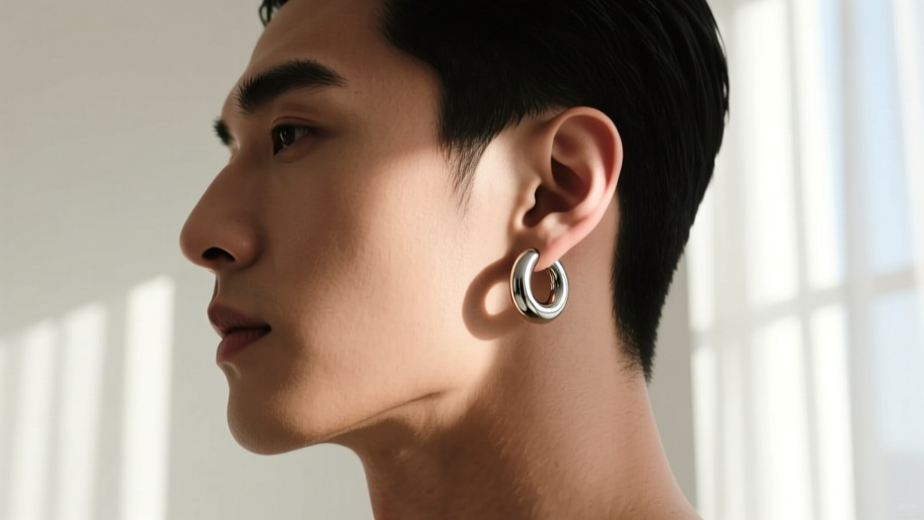 Male model profile wearing a brushed steel magnetic huggie earring, cinematic lighting, sharp jawline, high fashion studio shot