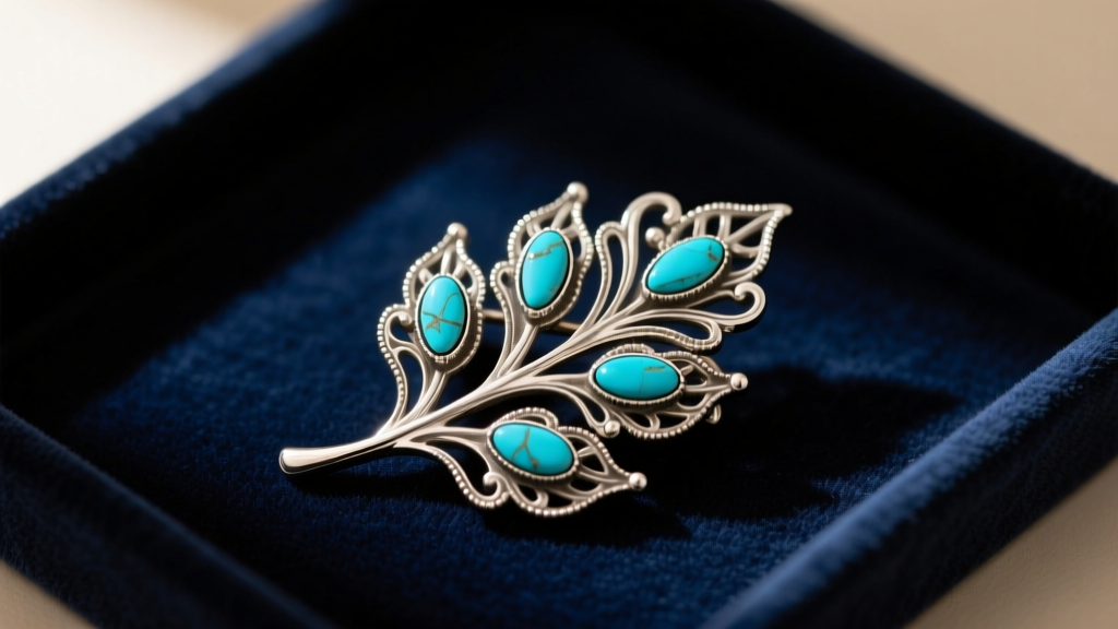 Mid-century vintage Barse sterling silver and turquoise leaf brooch resting on dark velvet under warm studio lighting flat lay