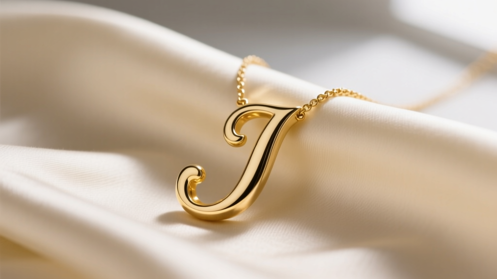 Close-up of a 14k solid gold letter J necklace on cream silk, lit by soft natural window light showing subtle metal reflections.