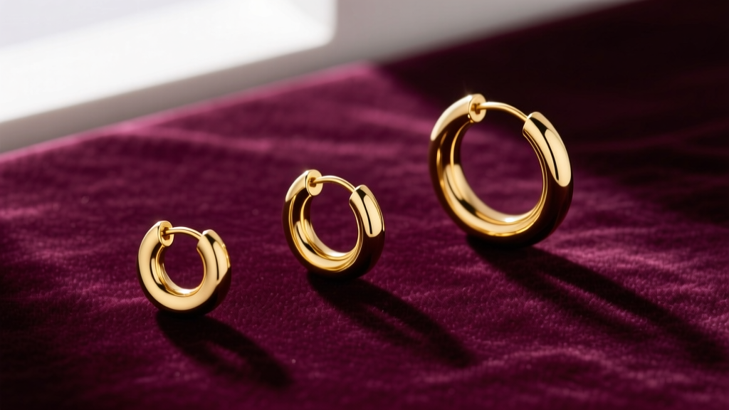 Flat lay of three sized girls gold hoop earrings on velvet, ranging from 10mm toddler huggies to 20mm teen hoops, top-down view.
