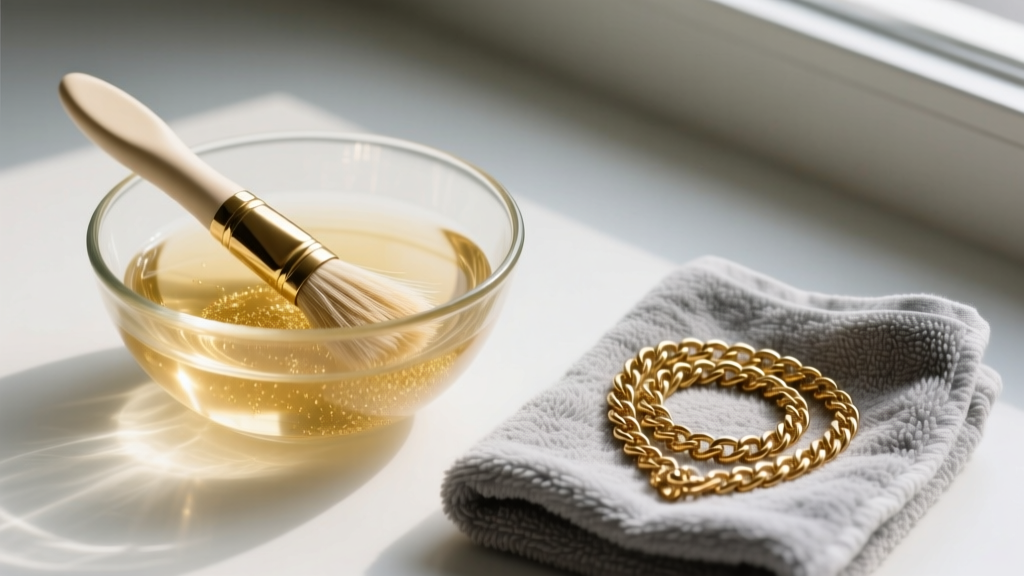 Glass bowl of mild jewelry gold cleaner, a horsehair brush, and a tarnished 14k gold chain resting on a gray microfiber towel.