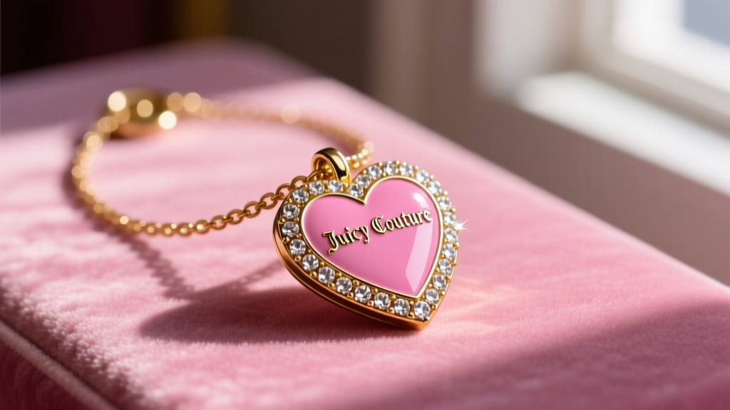 Vintage gold-tone Juicy Couture heart key necklace resting on pink velvet, highlighting rhinestone accents and glossy pink enamel.
