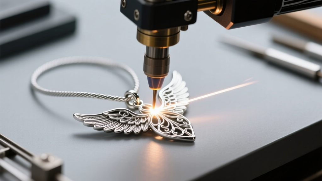 Close-up of a workbench showing a laser welder repairing a snapped silver wire on an angel wing pendant under bright studio light.
