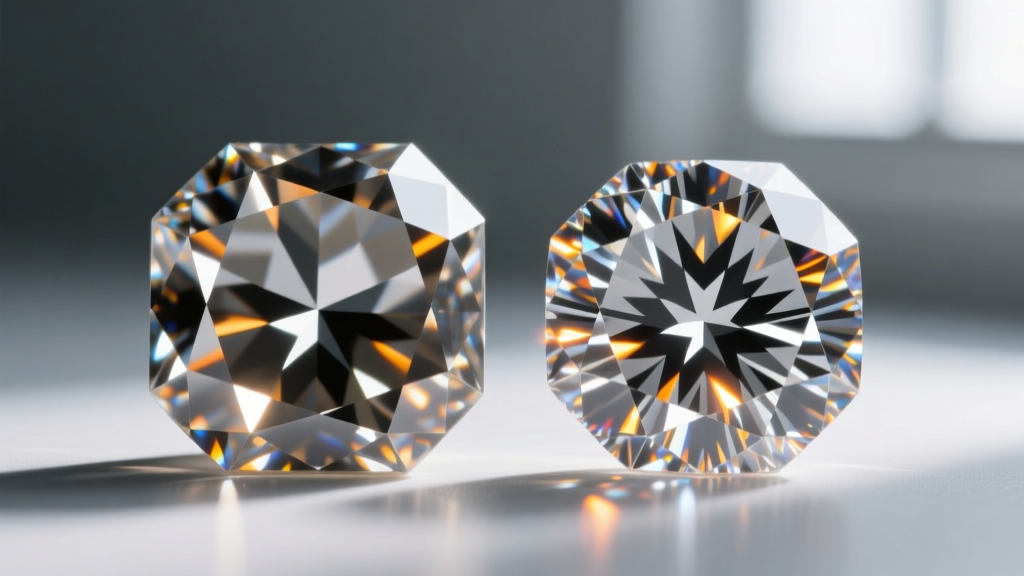 Macro shot comparing chunky and crushed ice cushion cut diamonds side by side, highlighting light return and scintillation patterns.