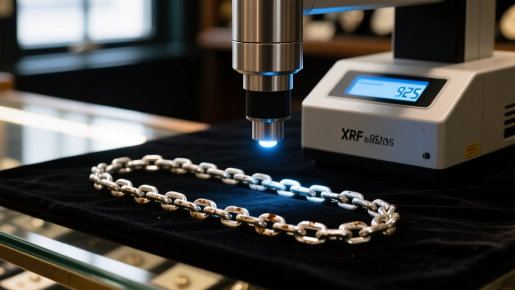Close-up of an XRF precious metal analyzer scanning a tarnished 925 sterling silver chain on a black velvet pawn shop counter