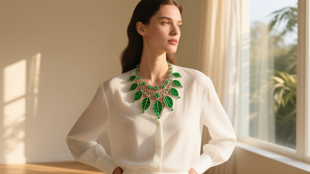 Woman wearing a layered green leaf necklace with small peridot gemstone over crisp white linen button-down shirt in natural sunlight.