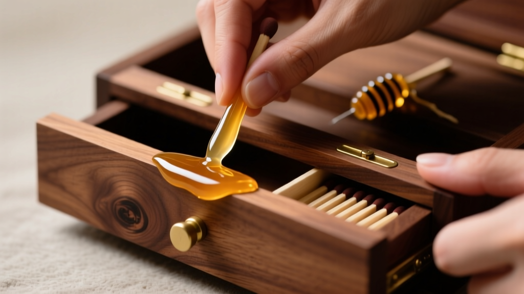 Hands applying clear beeswax to the wooden sliding rails of a matchstick jewelry box drawer to improve the sliding mechanism