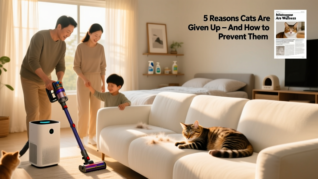 A family using air purifiers and vacuuming while a cat naps nearby on a clean, allergen-reduced sofa