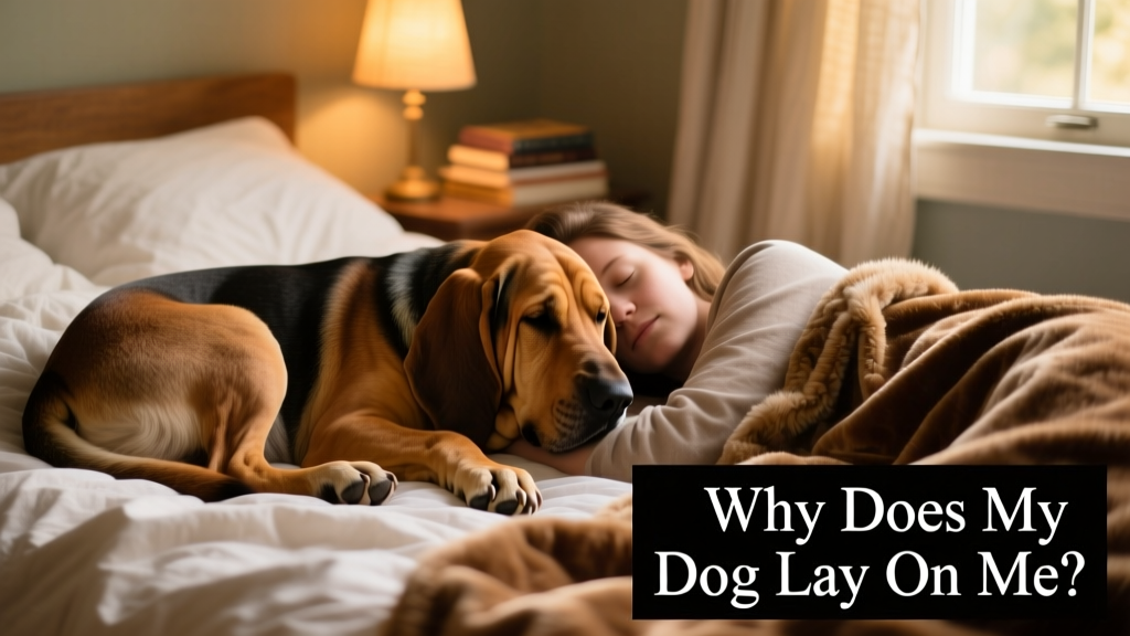 a gentle Bloodhound lying beside a sleeping person on a bed