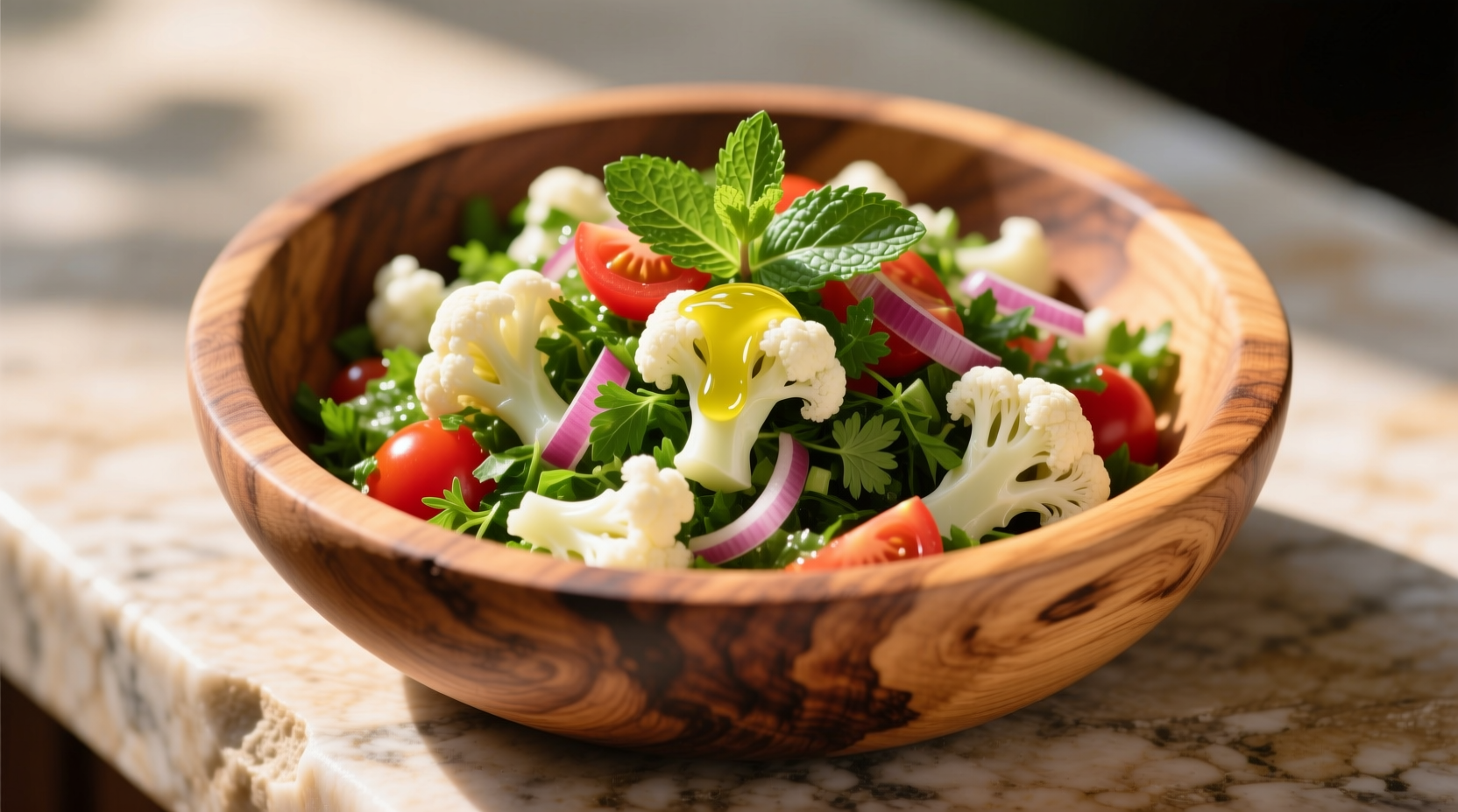 Fresh cauliflower tabbouleh in wooden bowl