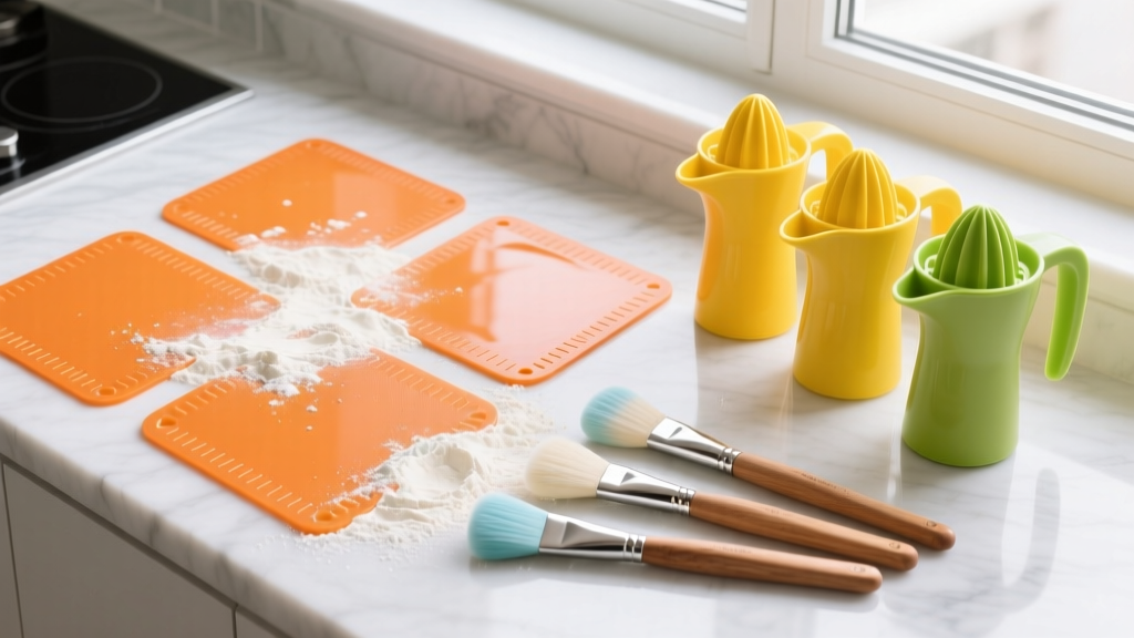 Overhead view of vibrant orange silicone baking mats, citrus juicers, and pastry brushes on a flour-dusted white marble countertop