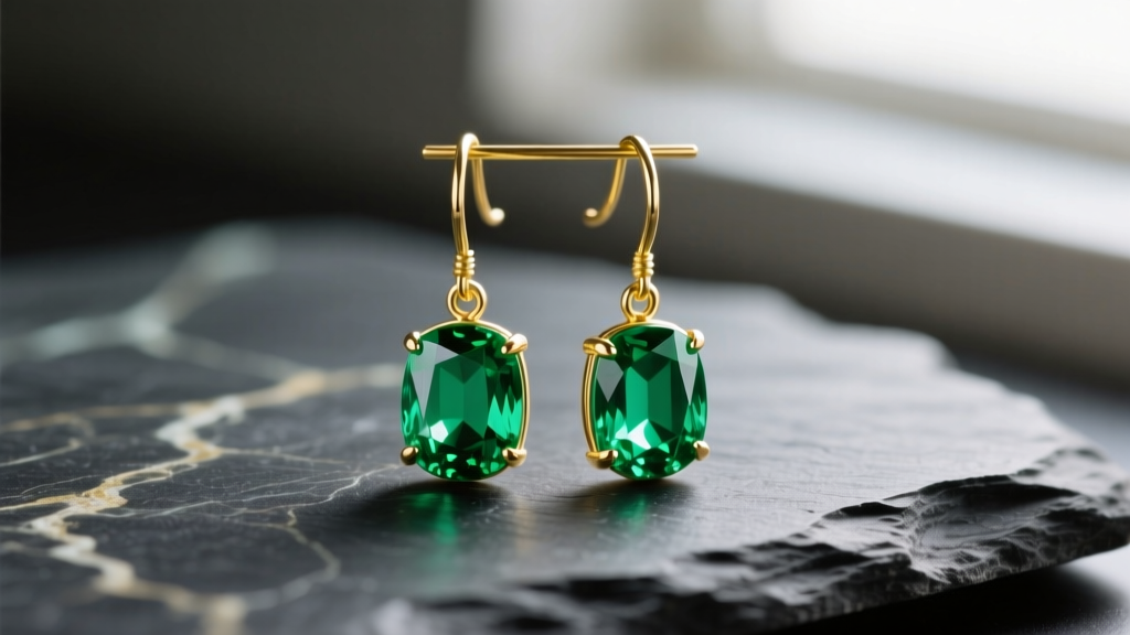 Close-up of 18k yellow gold drop earrings with vibrant emerald green color gemstones resting on a dark textured slate surface.