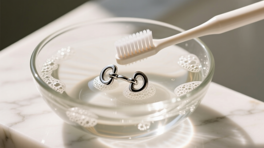 Soft toothbrush cleaning crevices of a silver horsebit earring in a glass bowl of warm soapy water on a bright marble countertop.