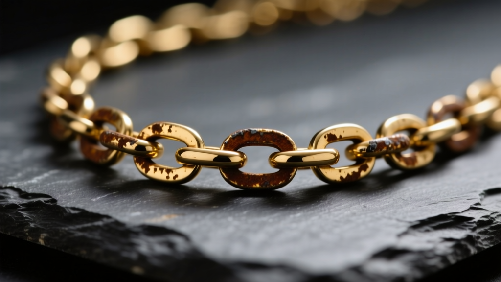 Macro close-up of a tarnished 14k gold filled chain link necklace resting on dark slate, showing slight brown oxidation on the edges under moody lighting