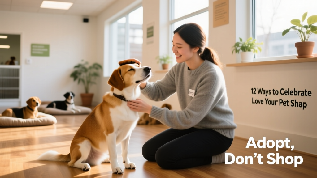 A volunteer gently brushing a calm, adoptable dog at a bright, clean shelter facility