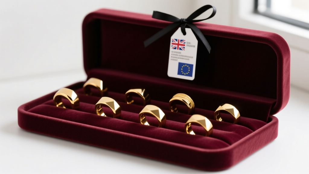 Wholesale 316L stainless steel gold PVD rings on a velvet shipping tray with UK and EU customs tags attached to packaging