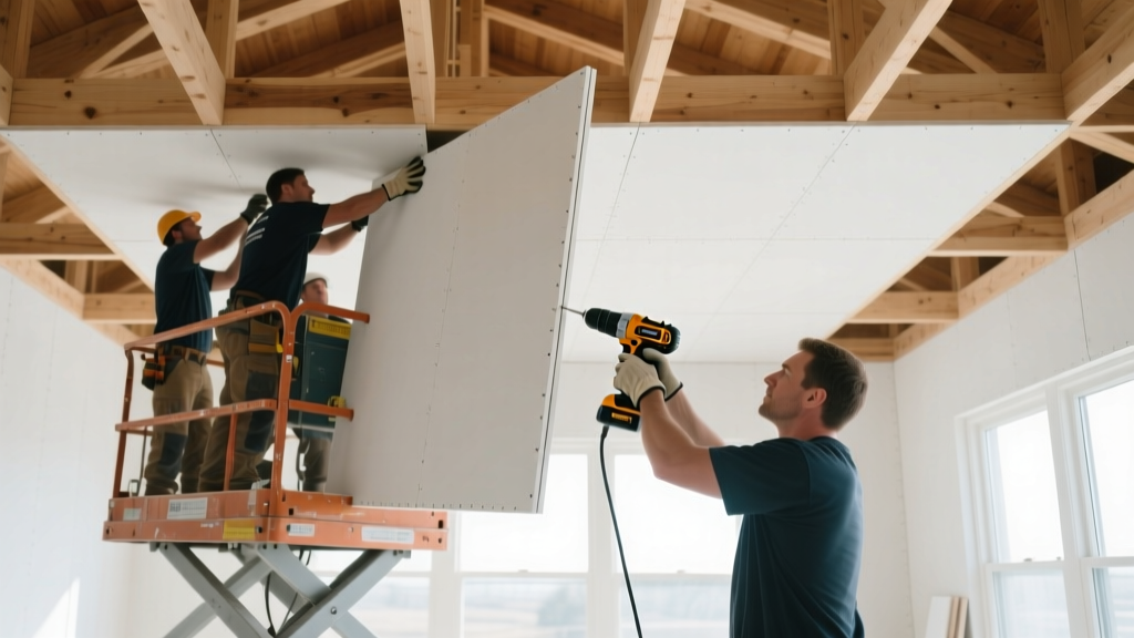Workers installing white gypsum board panels on a wooden ceiling frame using a drywall lift and screw gun in a bright room.