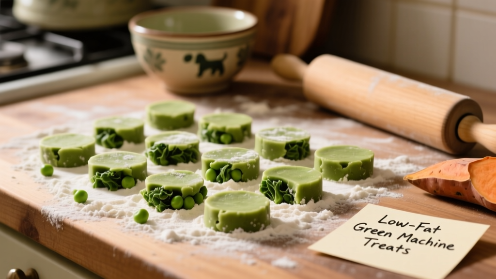 Homemade green dog treats cut into small rounds on a floured surface before baking